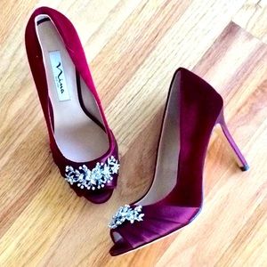 Nina Bejeweled Velvet & Satin Peep Toe Pumps, Sz 7